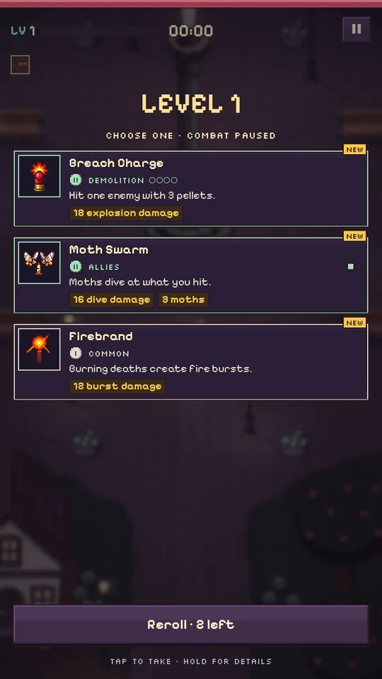 Level-up screen with three upgrade cards: Breach Charge, Moth Swarm and Firebrand.