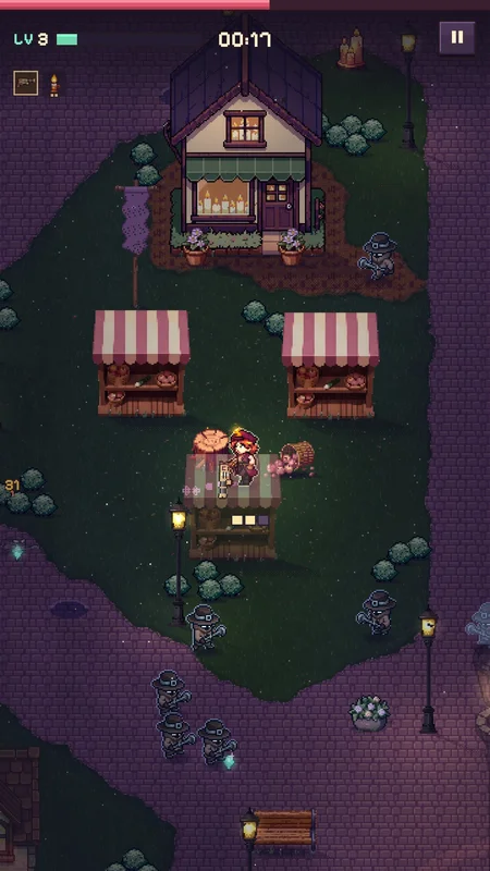 Gameplay: the Matchkeeper fights hunters between the market stalls of Candlewick Commons.